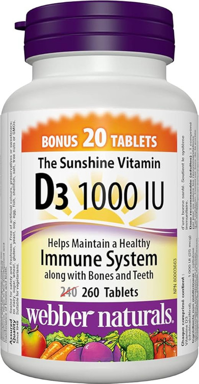 ویتامین D3 ۱۰۰۰ واحد بین‌المللی وبر نچرالز – ۲۶۰ عددی Webber Naturals Vitamin D3 1000 IU – 260 Tablets (Bonus Pack)